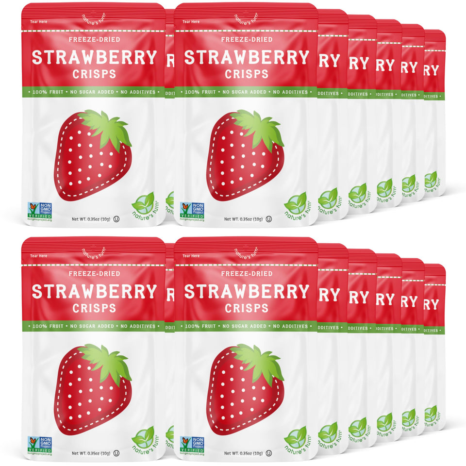 Nature's Turn Freeze-Dried Strawberry Crisps packaging, ready for on-the-go snacking.
