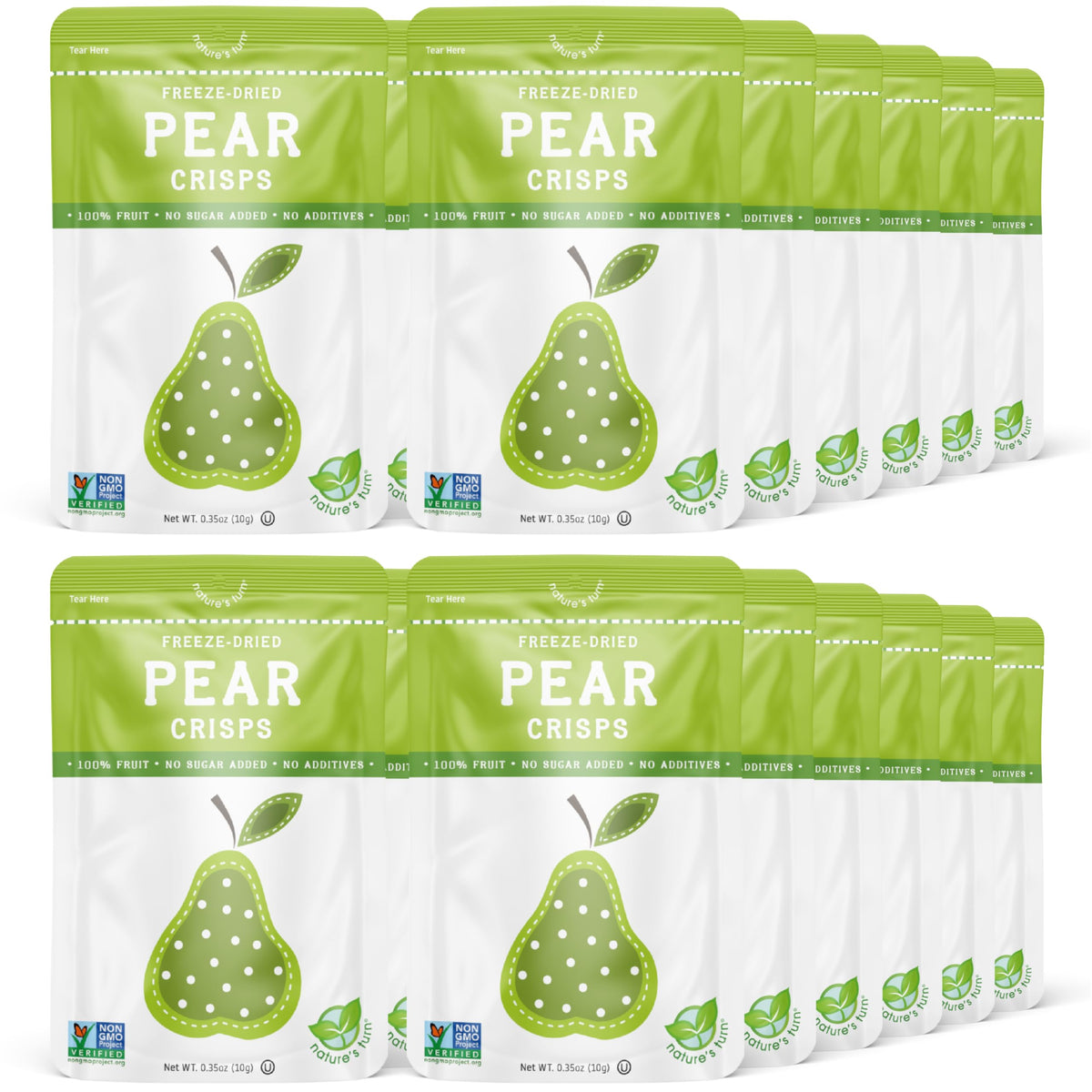 Nature's Turn pear crisps 24-bags pack showcases gluten-free, convenient snack option.