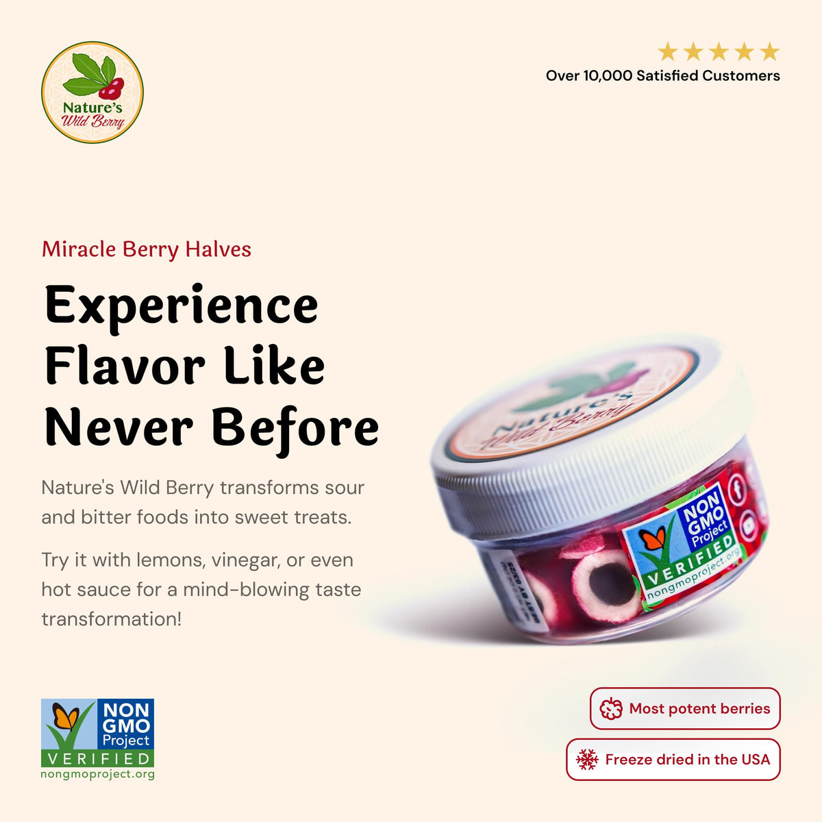 Nature's Wild Berry Miracle Berry Halves packaging in a hermetic metal tin.