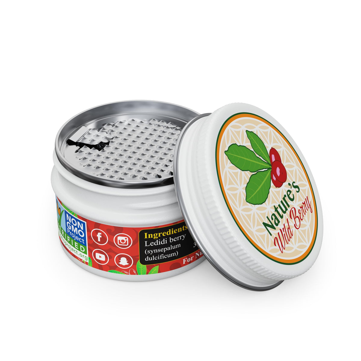 Nature's Wild Berry Miracle Berry Halves in a tin enabling flavor transformation.