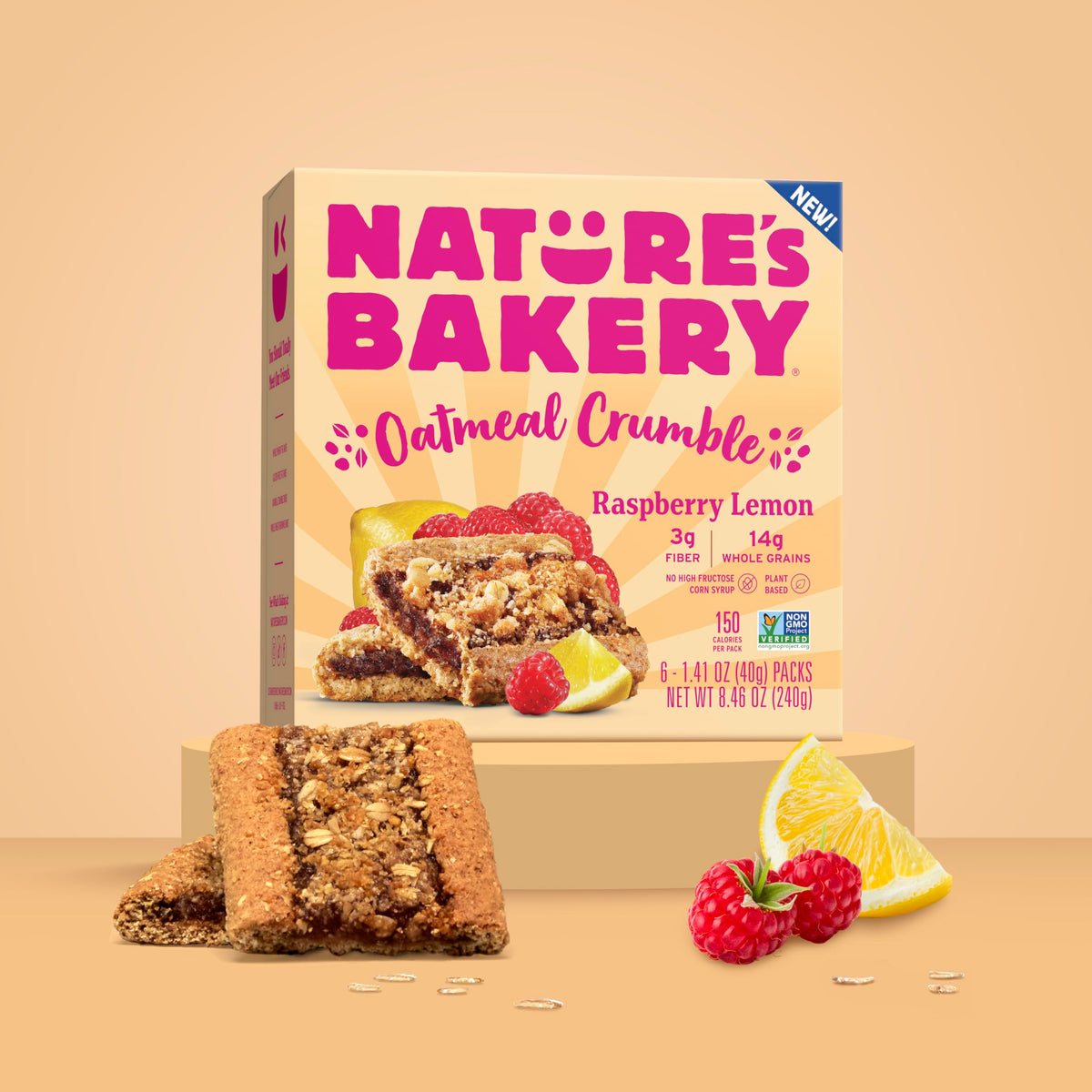 Nature's Bakery Raspberry Lemon Oatmeal Bar texture close-up, soft baked and inviting.