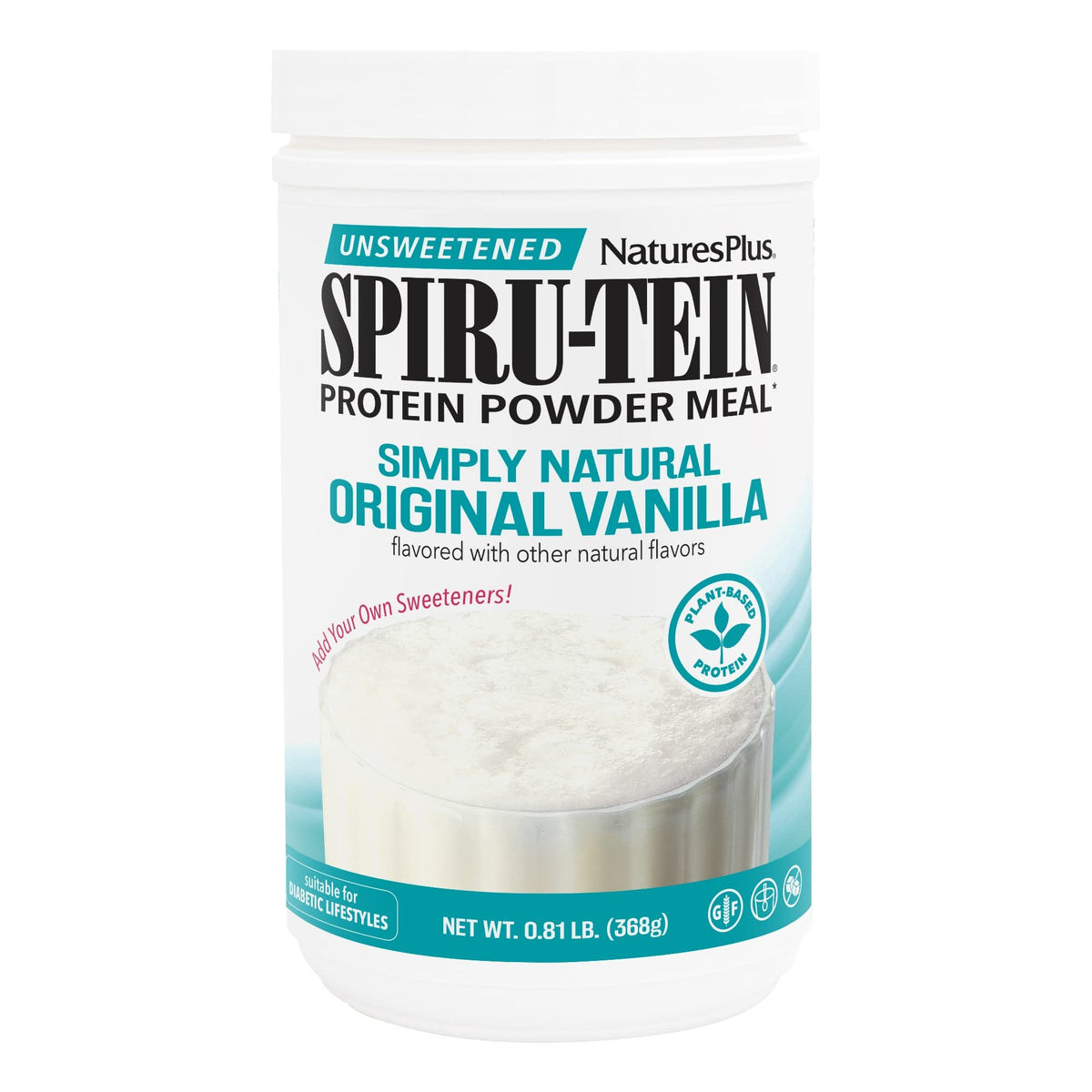 NaturesPlus SPIRU-TEIN Simply Natural Vanilla bottle on kitchen counter for everyday protein