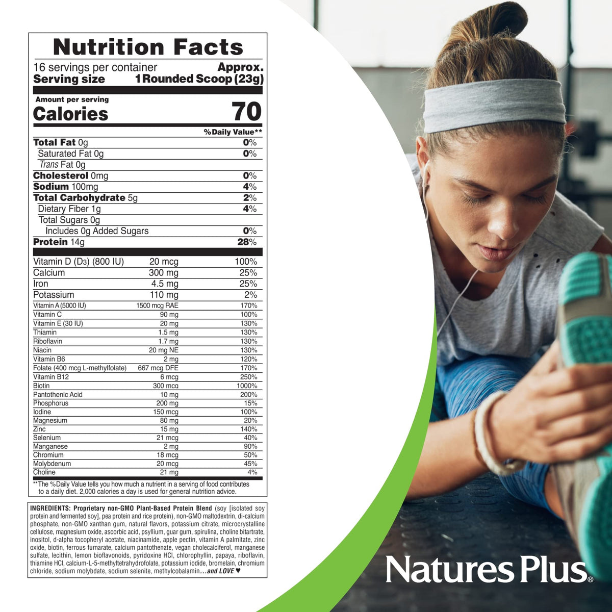 Serving scoop and packaging showing unsweetened, non-GMO, gluten-free protein