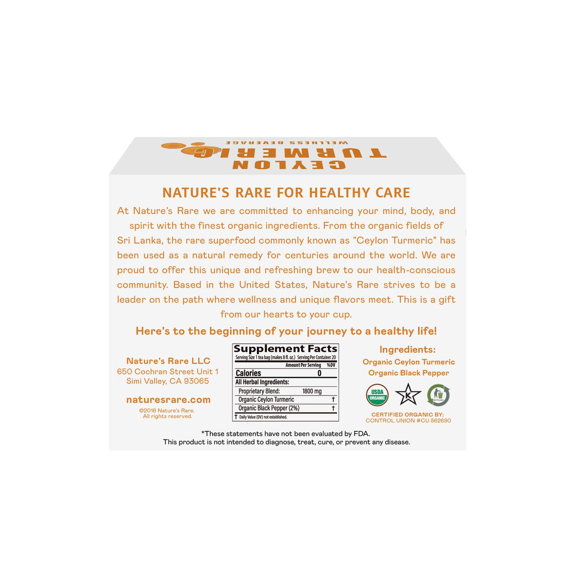 Nature'sRare caffeine-free turmeric tea ready for any time of day.