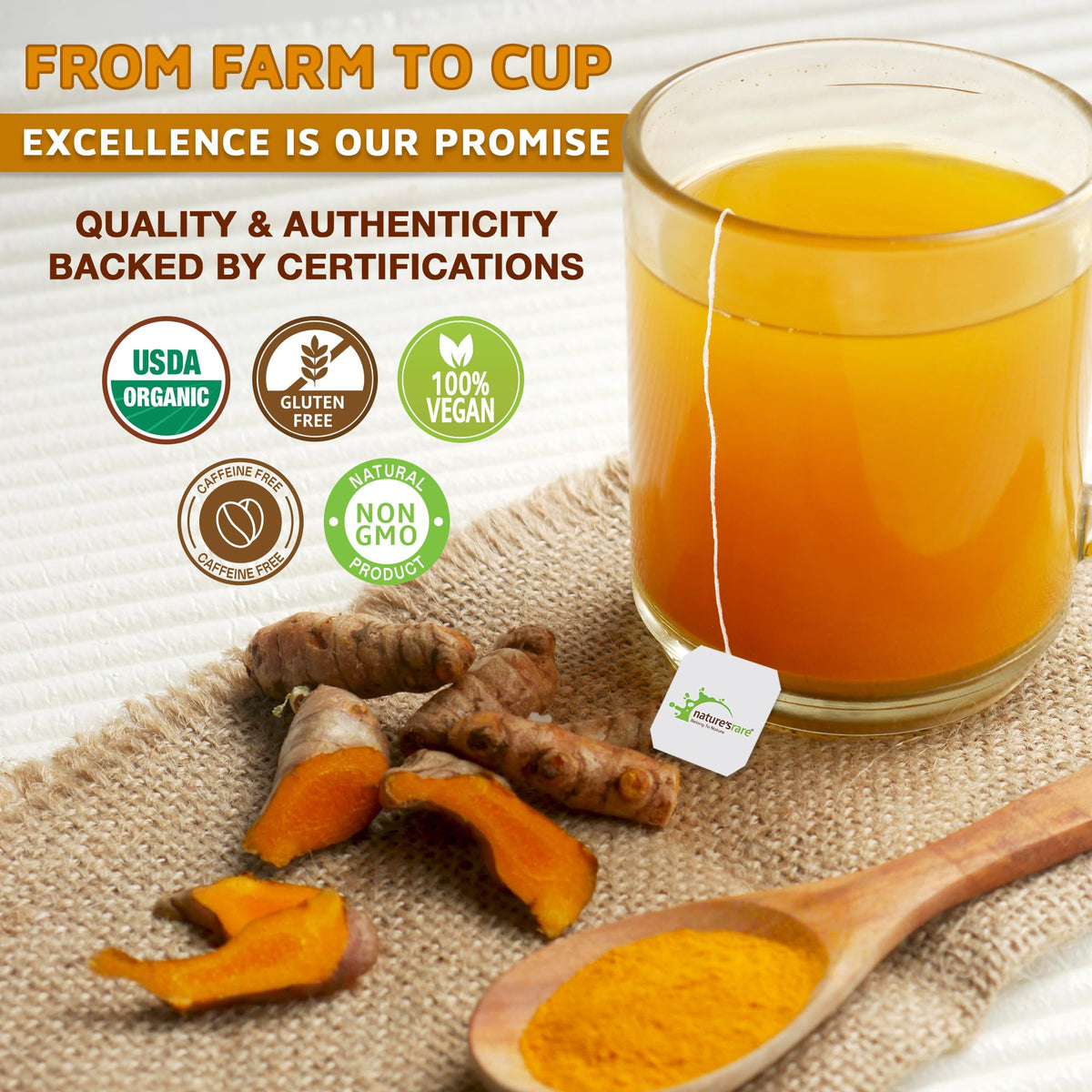 Nature'sRare turmeric brew in a cup with a golden aroma and inviting flavor.