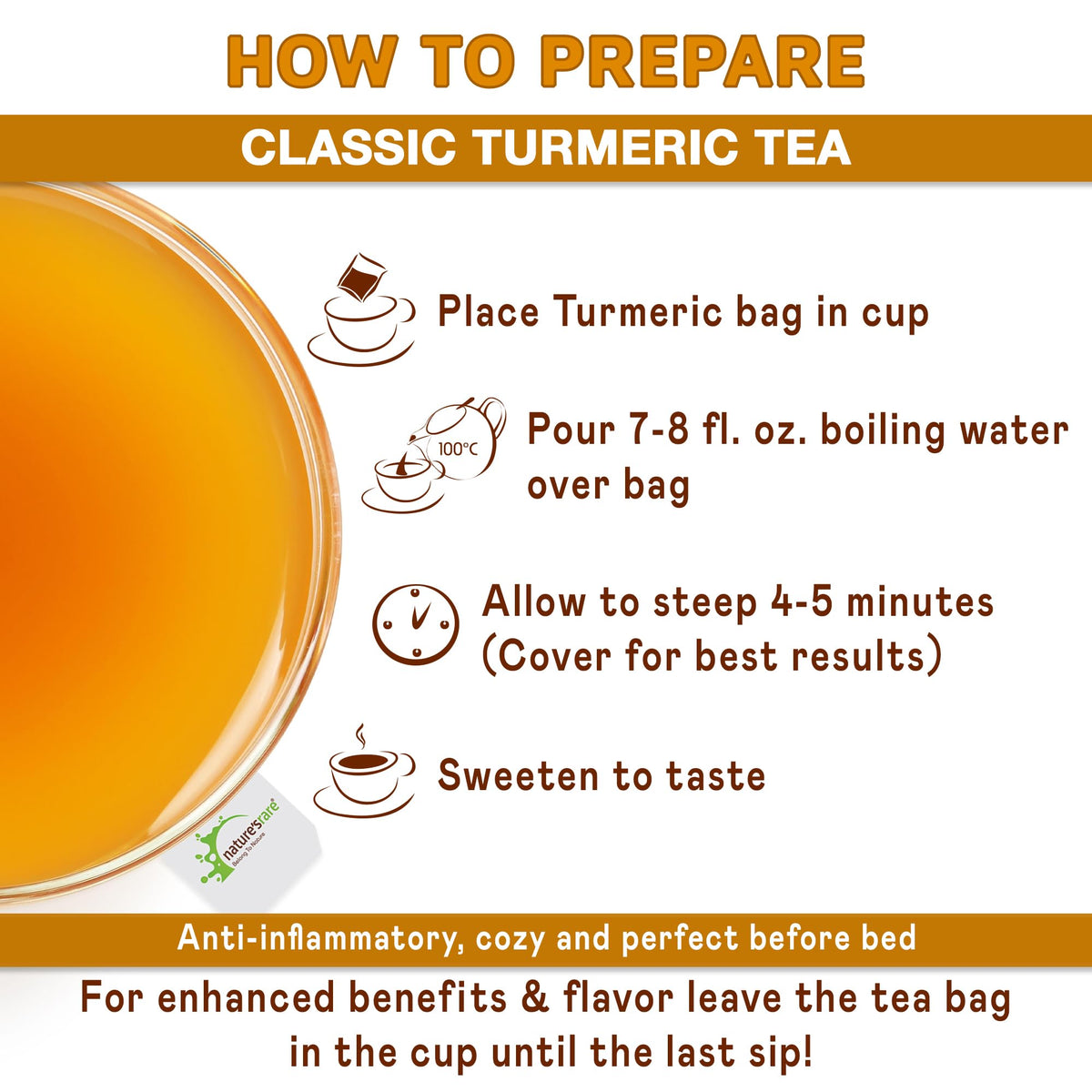 Nature'sRare turmeric tea sachet infusion releasing a bright color and warm scent.