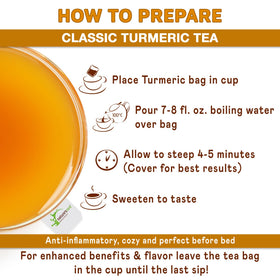 Nature'sRare turmeric tea sachet infusion releasing a bright color and warm scent.