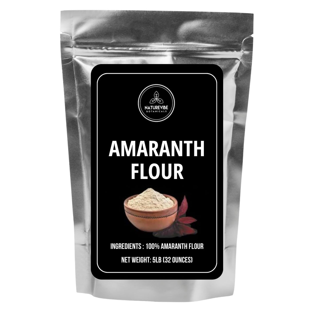 Naturevibe Botanicals Amaranth Flour bag showing gluten-free, protein-rich baking possibilities