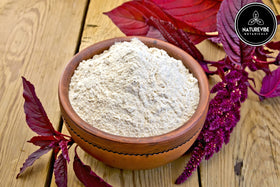 Naturevibe Botanicals Amaranth Flour scoop highlights high-protein, fiber-rich ingredient for meals