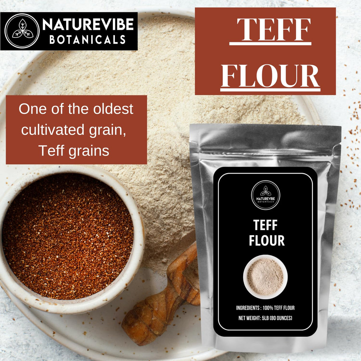Naturevibe Botanicals Brown Teff Flour scoop reveals ready-to-use whole grain richness