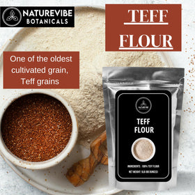 Naturevibe Botanicals Brown Teff Flour scoop reveals ready-to-use whole grain richness