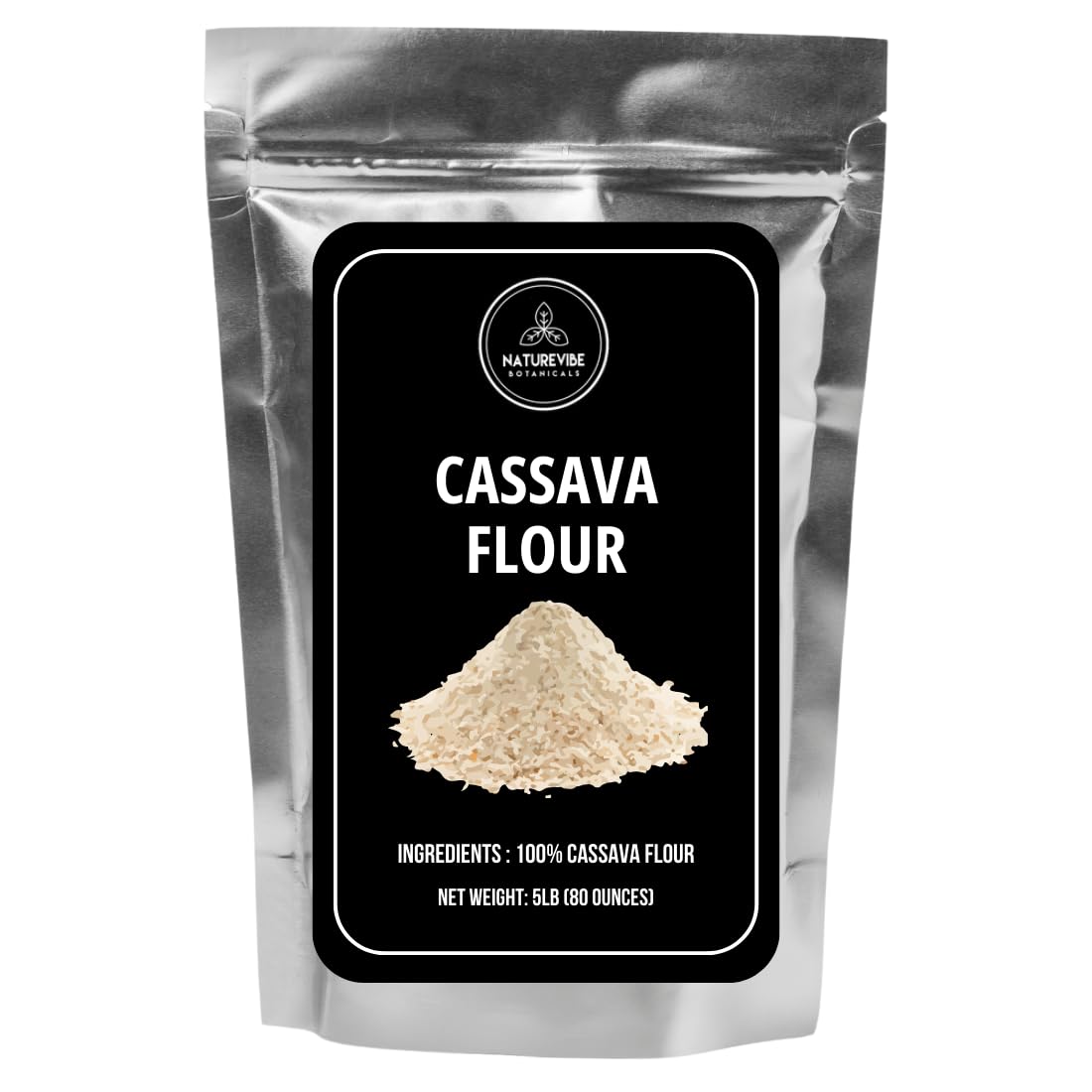 Naturevibe Botanicals cassava flour 5 lb bag showcases gluten-free baking and tortillas.