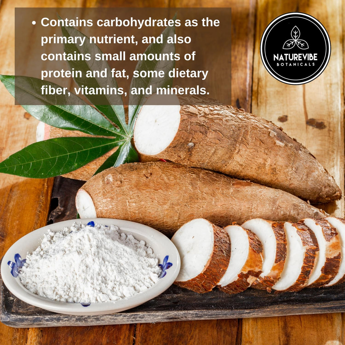 Kitchen counter with Naturevibe Botanicals cassava flour packaging and scoop.