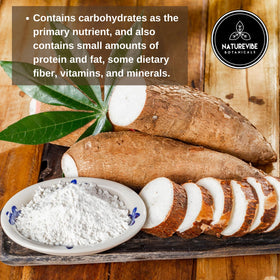 Kitchen counter with Naturevibe Botanicals cassava flour packaging and scoop.