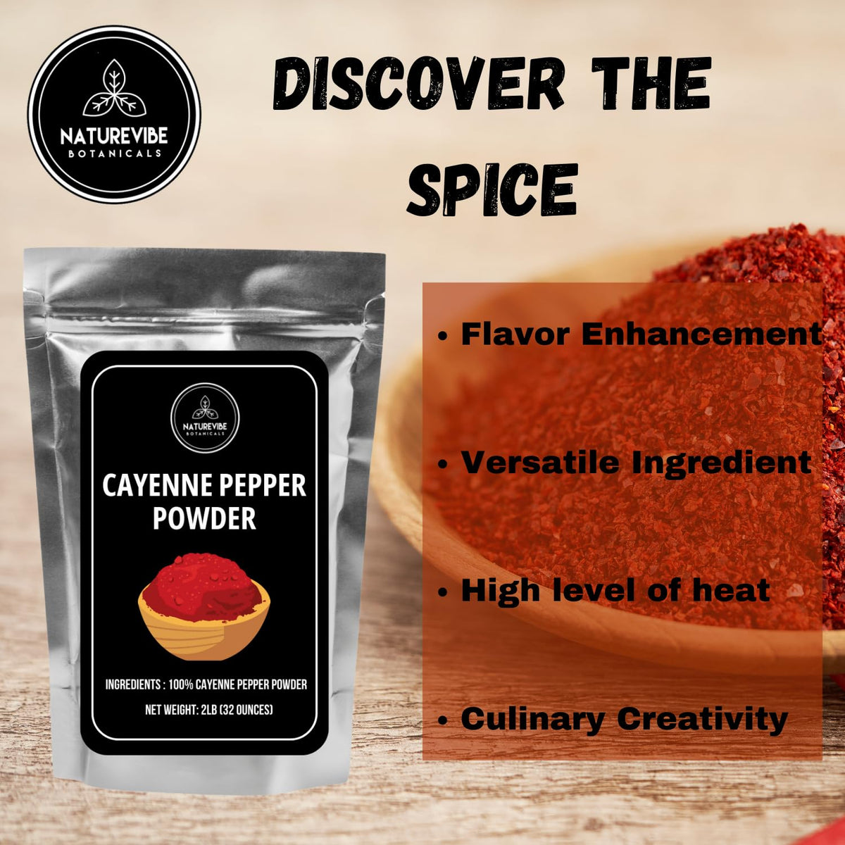 Naturevibe Botanicals cayenne powder for kitchen use in soups, salsas, rubs