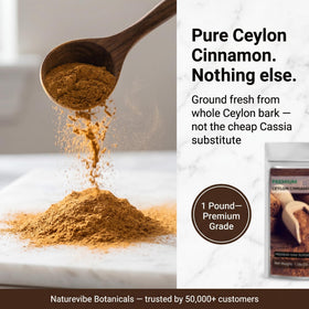 Naturevibe Botanicals Ceylon Cinnamon powder jar close-up highlights rich aroma.