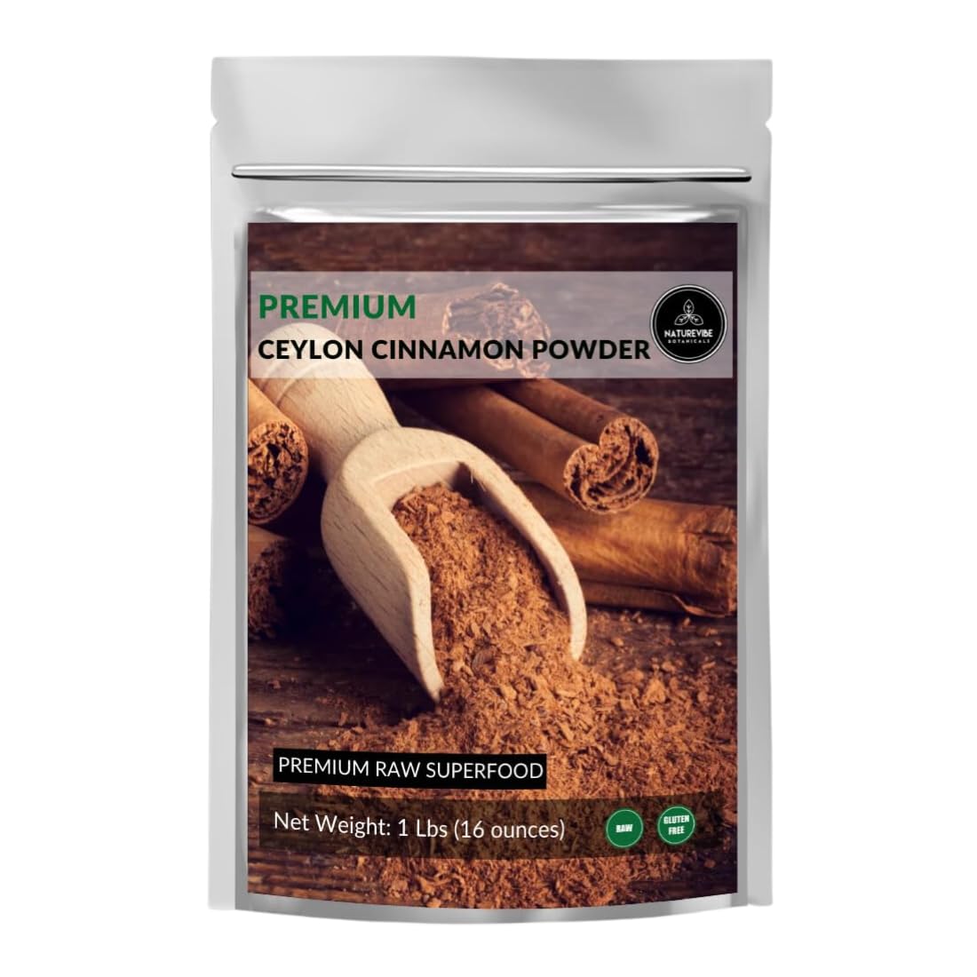 Naturevibe Botanicals Ceylon Cinnamon powder packaging shows premium pantry essential.