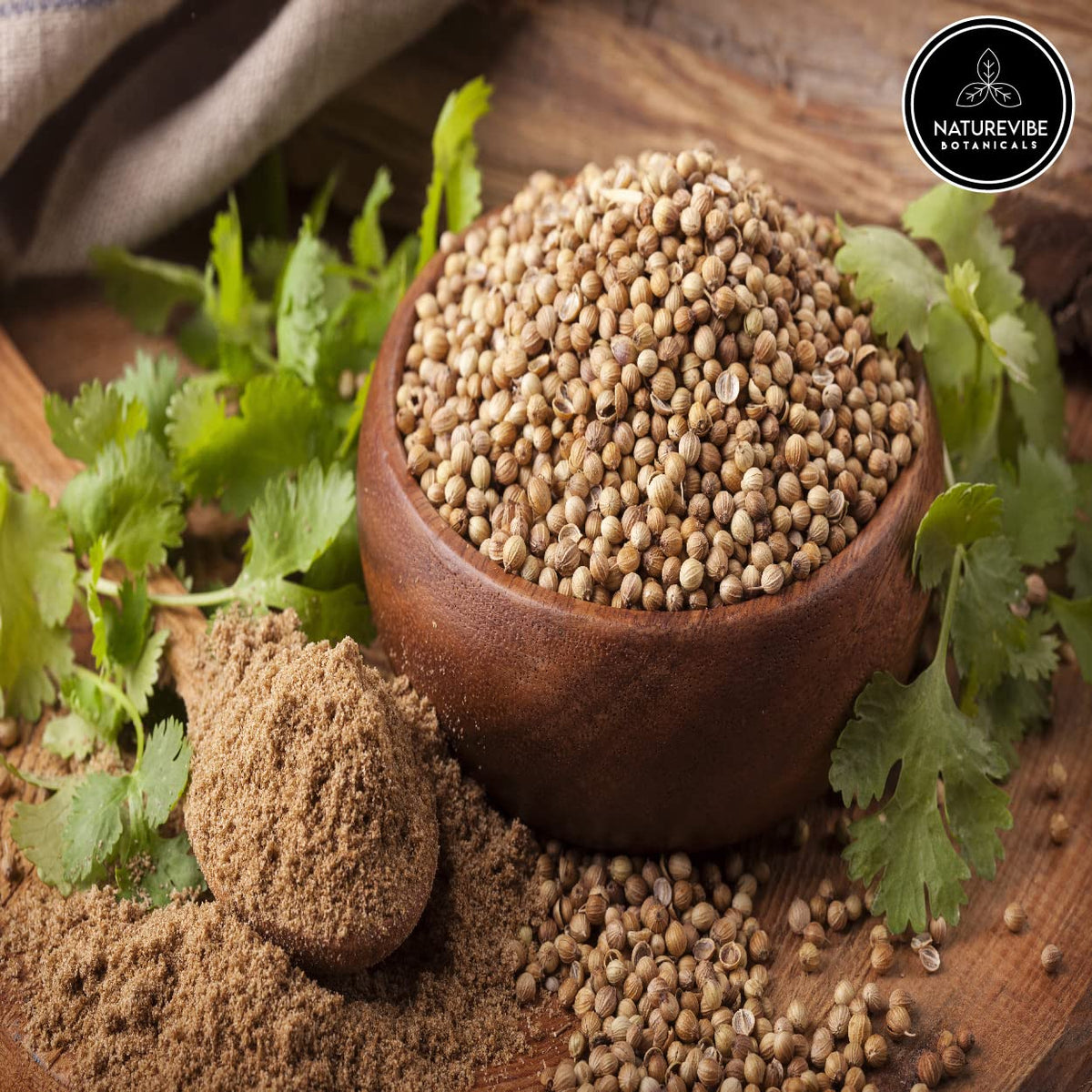 Naturevibe Botanicals coriander powder tub front shows reseal-friendly packaging for fresh flavor.