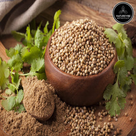 Naturevibe Botanicals coriander powder tub front shows reseal-friendly packaging for fresh flavor.