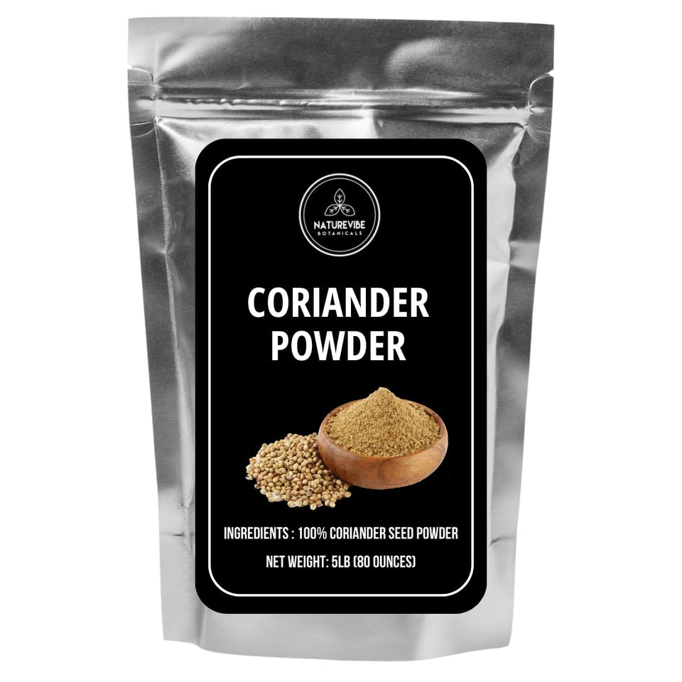 Naturevibe Botanicals coriander seed powder bottle, ideal for curries and chutneys with bright aroma.