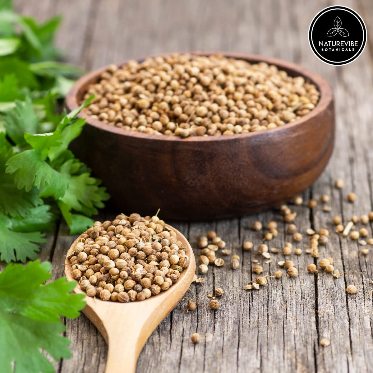 Naturevibe Botanicals coriander spice label gluten-free and non-GMO ready.