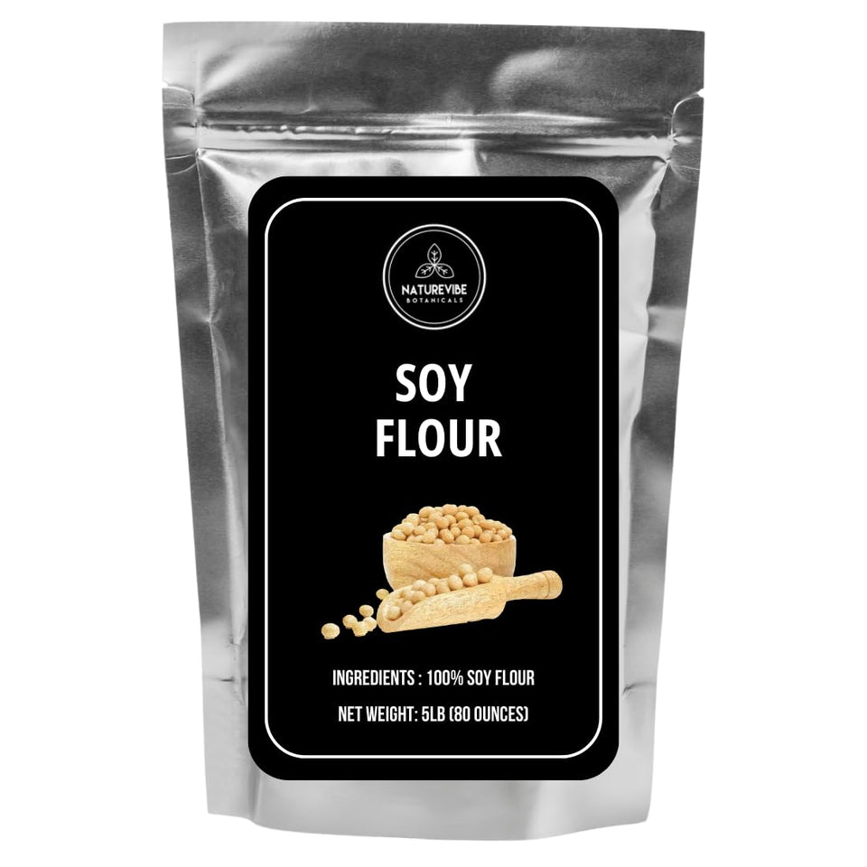 Naturevibe Botanicals defatted soy flour 5lb bag for high-protein baking and cooking.