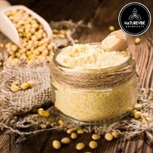 Naturevibe Botanicals defatted soy flour close-up highlighting ultra-fine texture for smooth doughs.