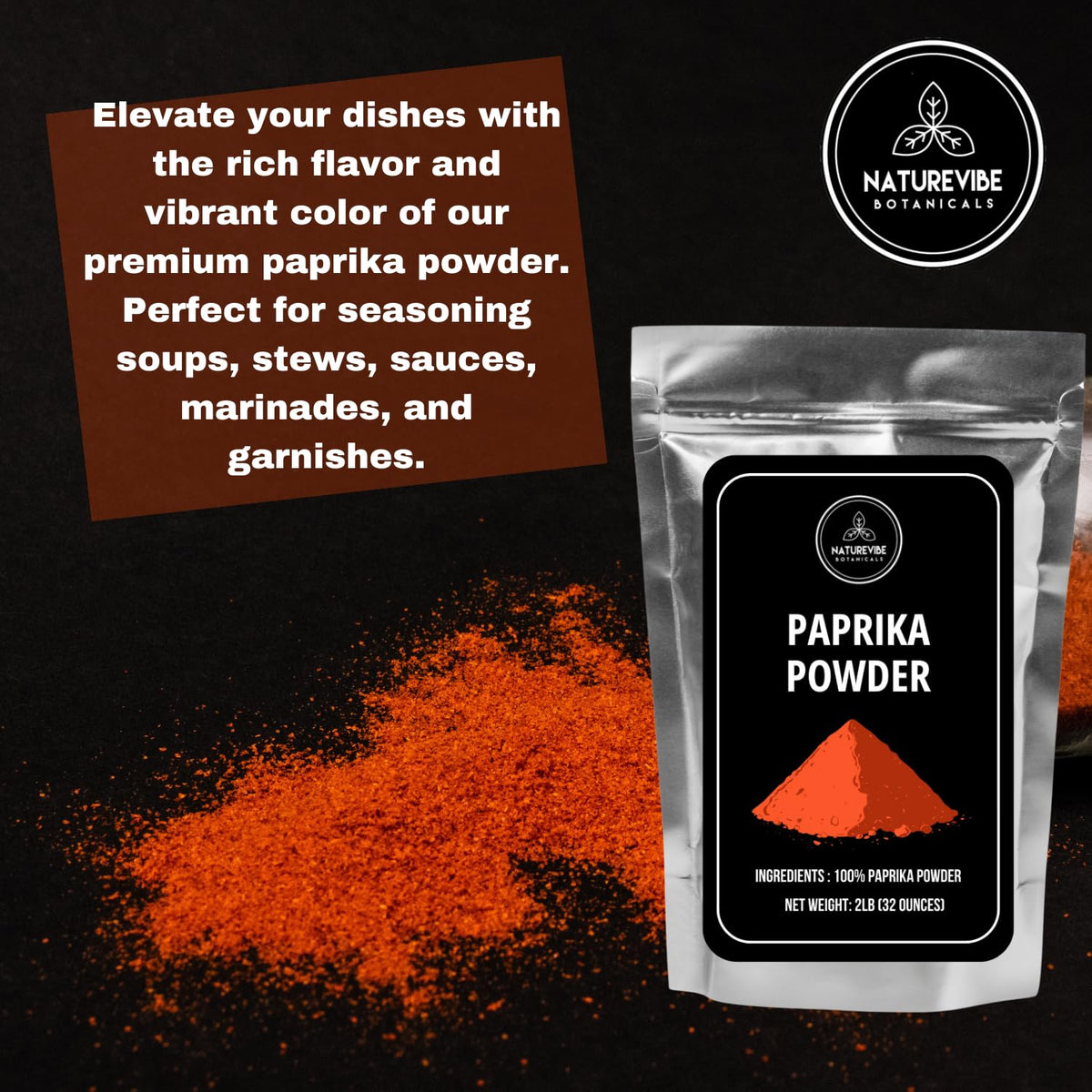 Naturevibe Botanicals Paprika Powder used as a savory rub for pork or chicken.
