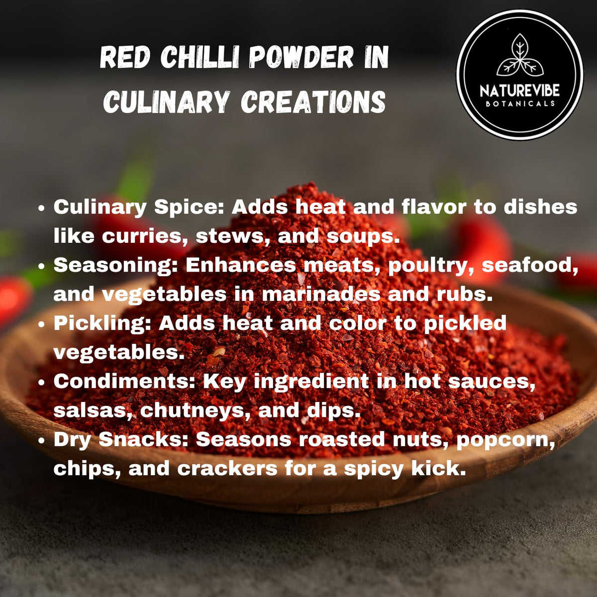 Naturevibe Botanicals Red Chilli Powder dust flow captures aroma.