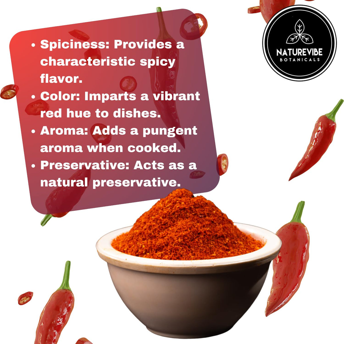 Naturevibe Botanicals Red Chilli Powder used in cooking for heat and color.