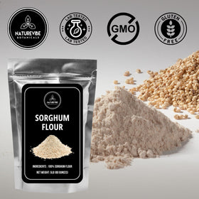 Naturevibe Botanicals Sorghum Flour being poured for smooth gluten-free batter.
