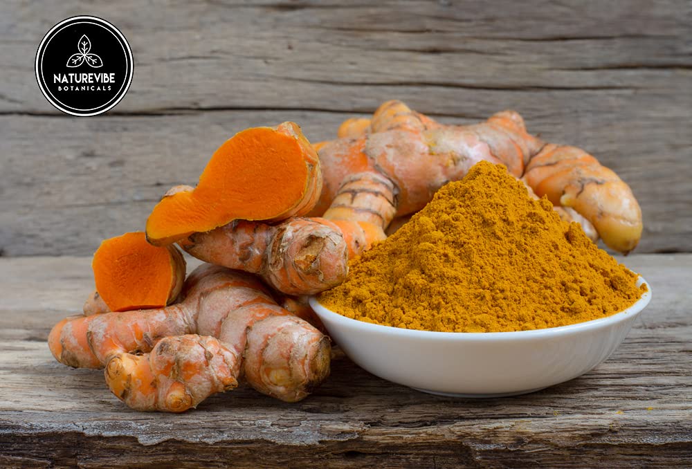 Naturevibe Botanicals turmeric powder displays golden hue for color in dishes.