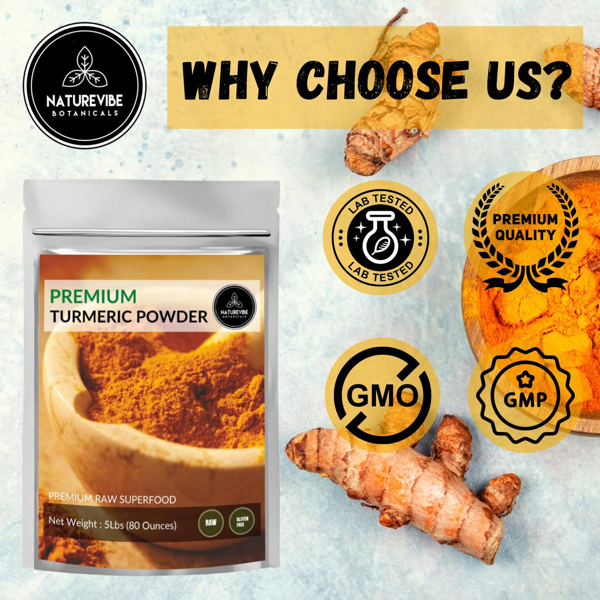 Naturevibe Botanicals turmeric powder enhances golden milk with rich color.