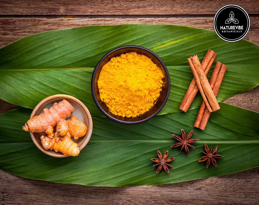 Naturevibe Botanicals turmeric powder texture close-up highlights fine grind.