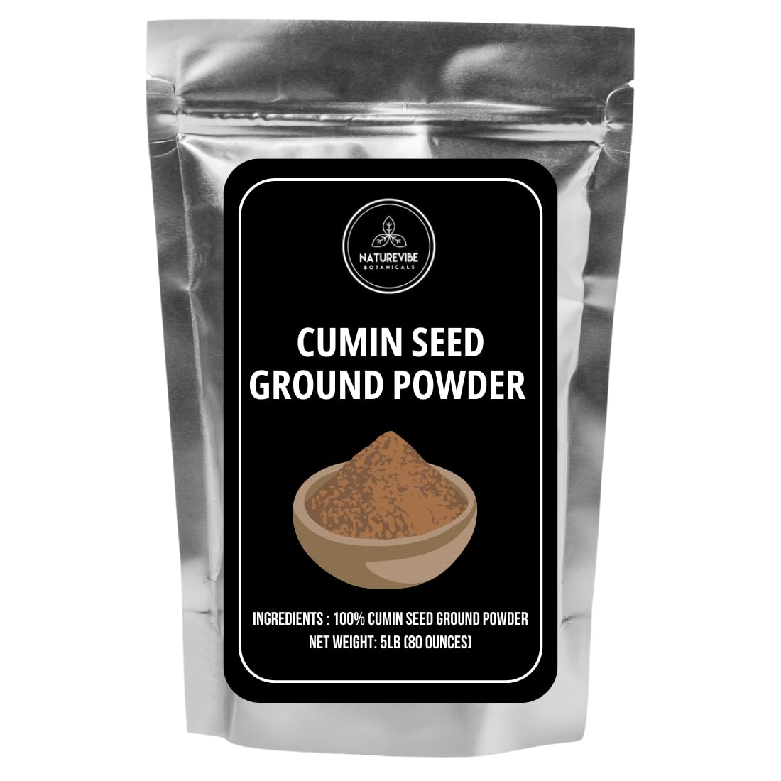 Naturevibe Botanicals cumin seed powder in a bowl for warm, earthy flavor.