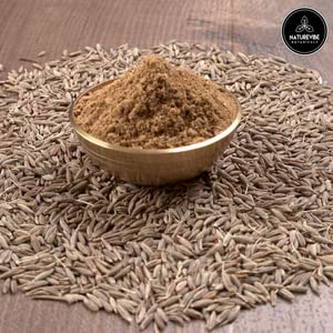 Naturevibe Botanicals cumin seed powder on a spoon boosts aroma in curries.