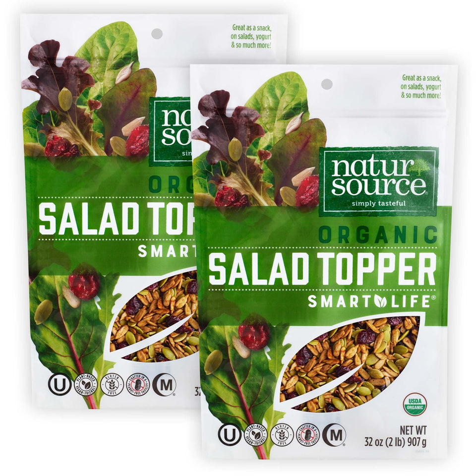 NaturSource Organic Salad Topper front-pack shows a crunchy blend for vibrant salads.