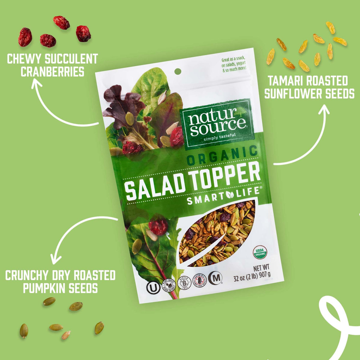 naturSource Organic Salad Topper featuring pumpkin seeds adds crunchy contrast to yogurt.