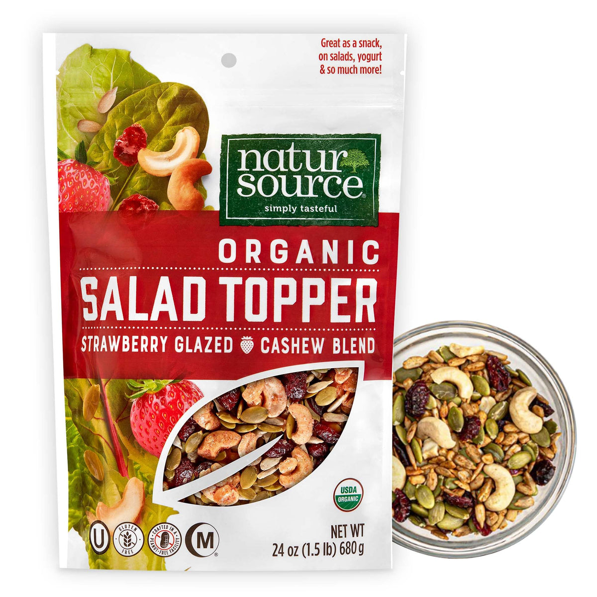 NaturSource Organic Salad Topper with Strawberry Glazed Cashews on greens adds flavor and crunch