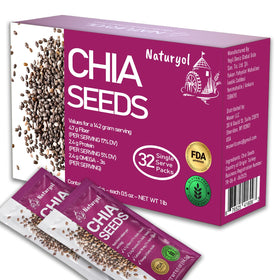 Naturyol chia seeds 32-pack packets for on-the-go servings with omega-3 and fiber.