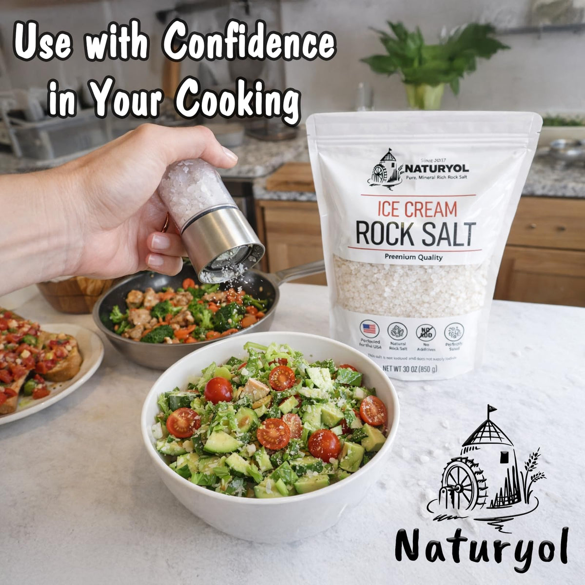 NATURYOL coarse salt for grinders adds fresh flavor to dishes.
