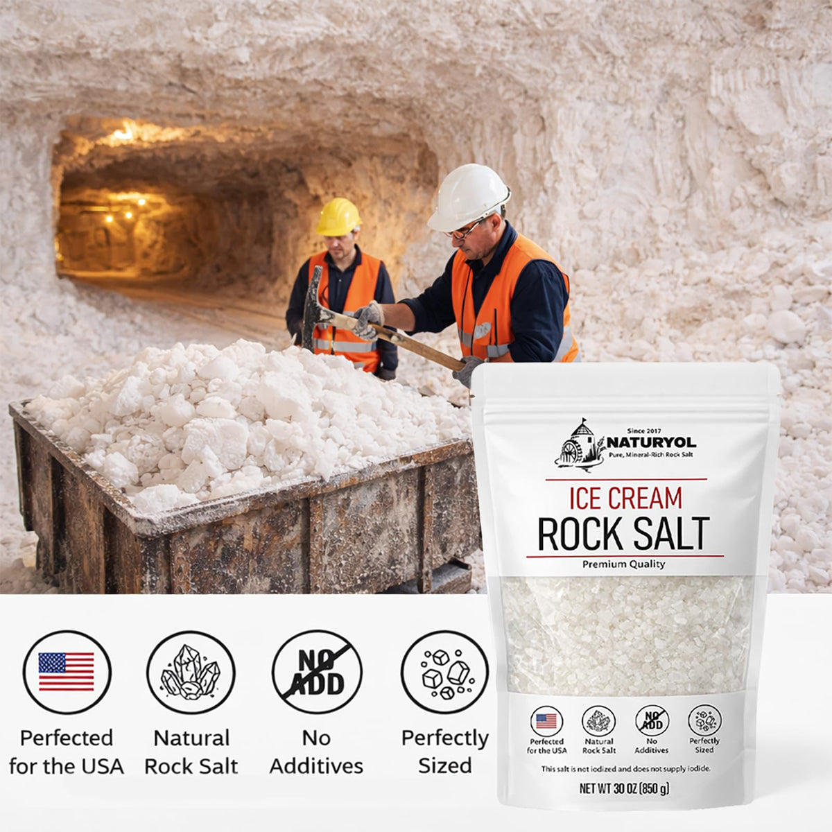 NATURYOL multi-use kitchen salt ideal for cooking and ice cream prep.