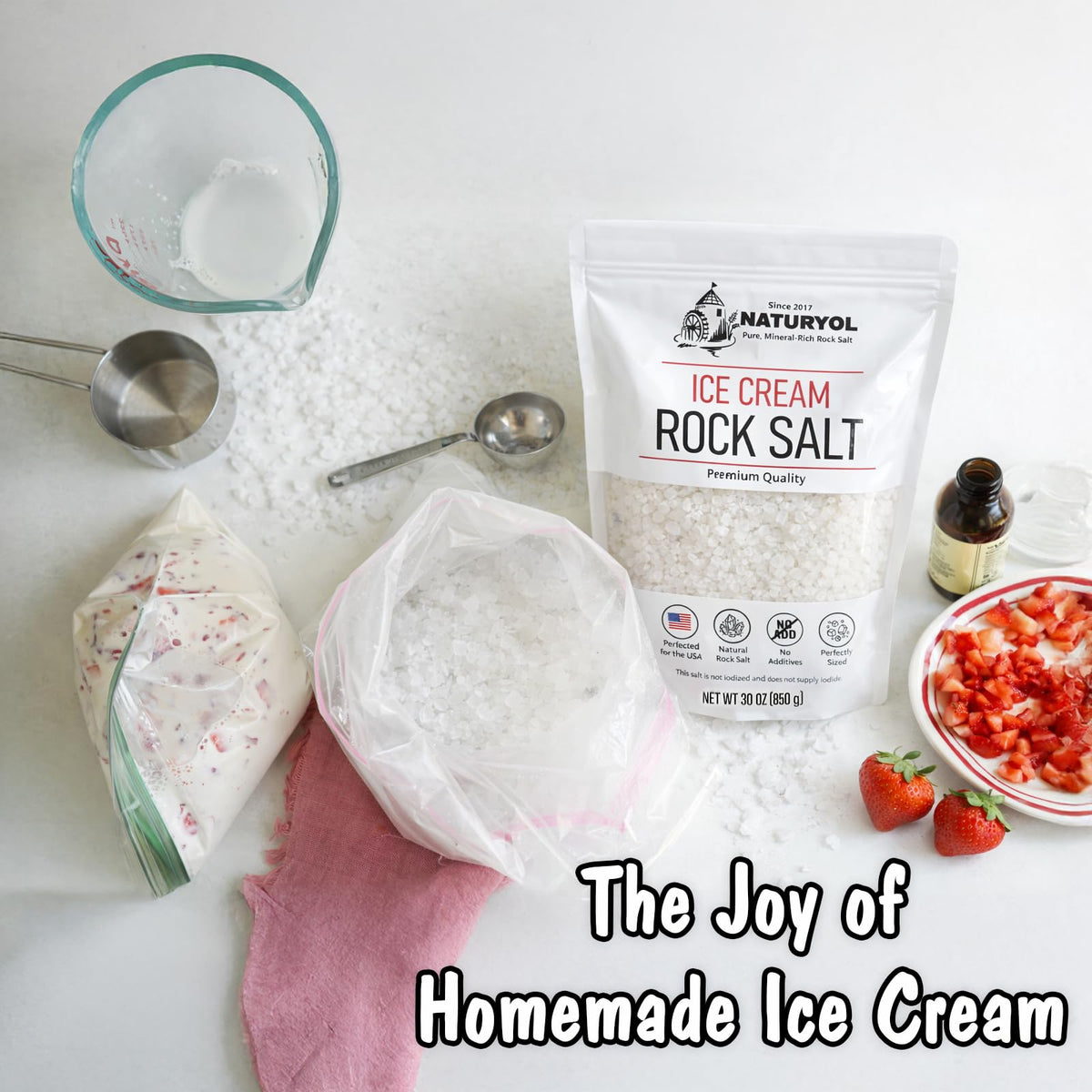 NATURYOL non-iodized ice cream salt granules for clean churning.