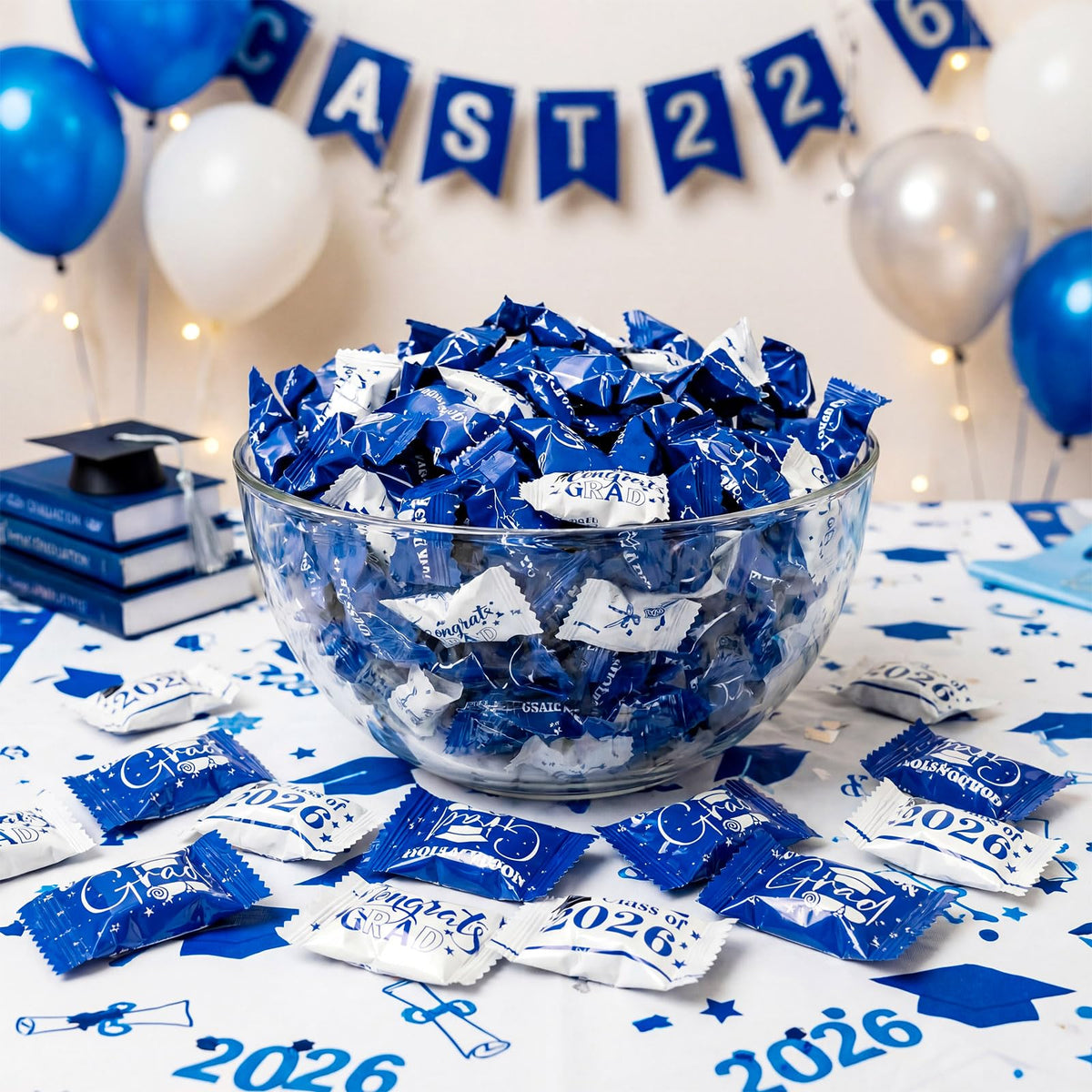 Naucoos Blue and White wrapped mints for elegant graduation decor.