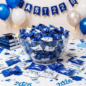 Naucoos Blue and White wrapped mints for elegant graduation decor.