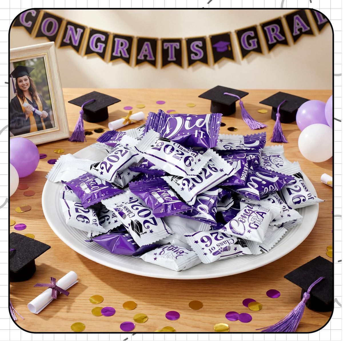 Naucoos graduation candies arranged for open house and reception setup.