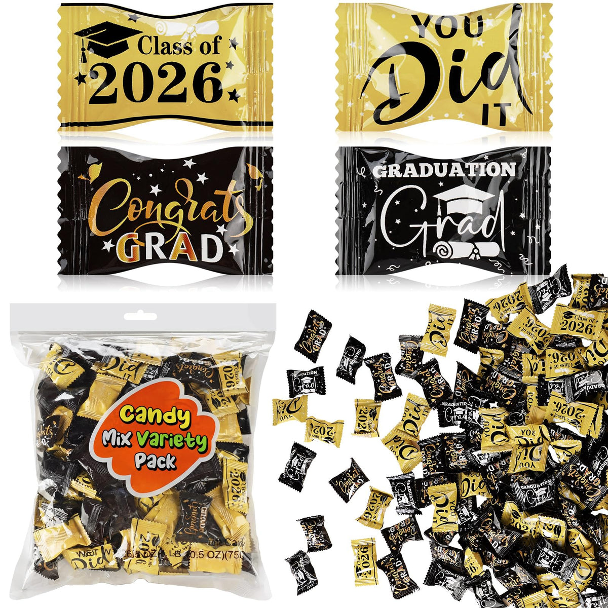 Naucoos Congrats Grad Candies bag front with black-and-gold design for elegant party displays.