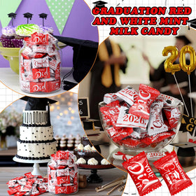 Naucoos graduation party favors in red and white wrappers for guests.