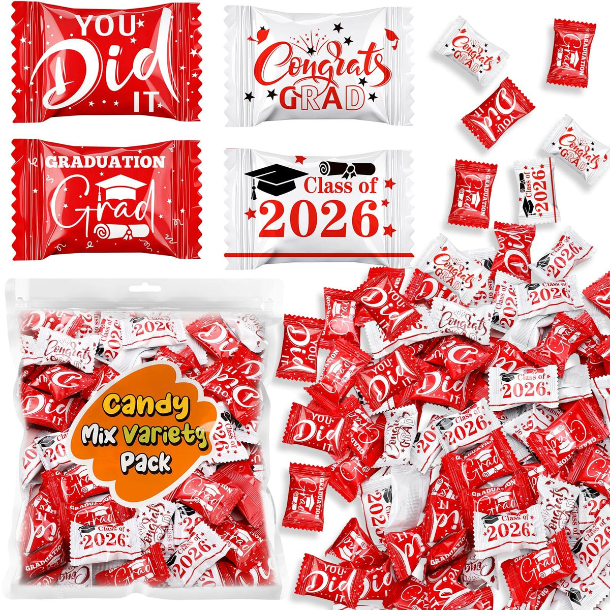 Naucoos Congrats Graduation Candies wrappers showcase festive Class of 2026 design for celebrations.