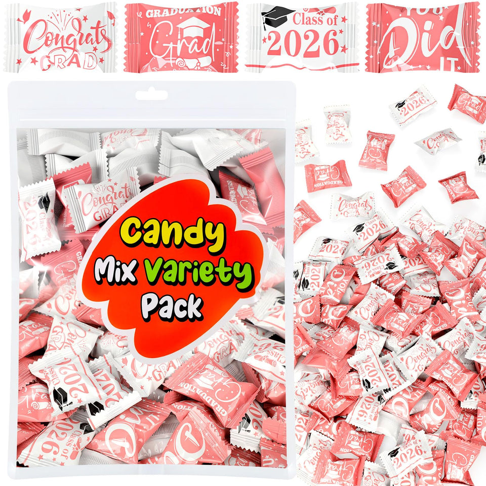 Naucoos Congrats Graduation Candies with pink and white wrappers for chic party candy displays